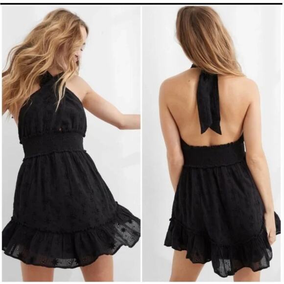 Aerie Spring Fling Eyelet Black Crossover Halter Mini Lined Dress Size Small - Picture 13 of 13